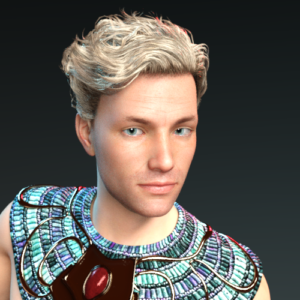 A white man with blond hair and an elaborate beaded teal and blue shirt with a red metal chest-piece on front.