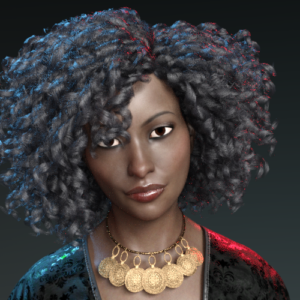 A black woman with almost an afro made of curls (sorry, I don't know black hairstyles well!) in a black dress with a necklace of seven gold coins.