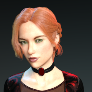 A white woman with red hair in a braid and strands escaping around her face wearing a red and black gown with a black choker and ruby on it.