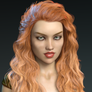 A white woman with long, curly red hair in a rust-colored shirt.