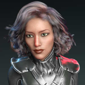 A mixed race woman with shoulder length, fluffy black hair and hazel eyes dressed in black futuristic armor.
