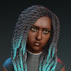 A black woman with thick twist braids dyed teal at the bottoms.
