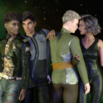 Two couples leaning against each other. The couple on the left is two men, one black and one mixed race, in scifi outfits, and the couple on the right is a white man and mixed race woman, again in scifi outfits.
